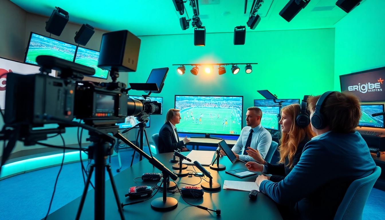 Dynamic sports broadcasting studio with presenters discussing live sports events.