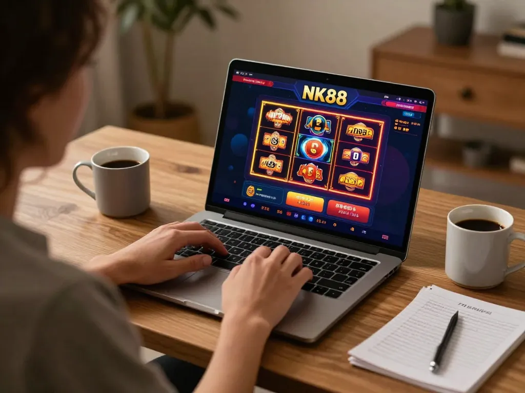 Engaging in online gaming at https://nk88net.com/ with a cozy setup and vibrant casino interface