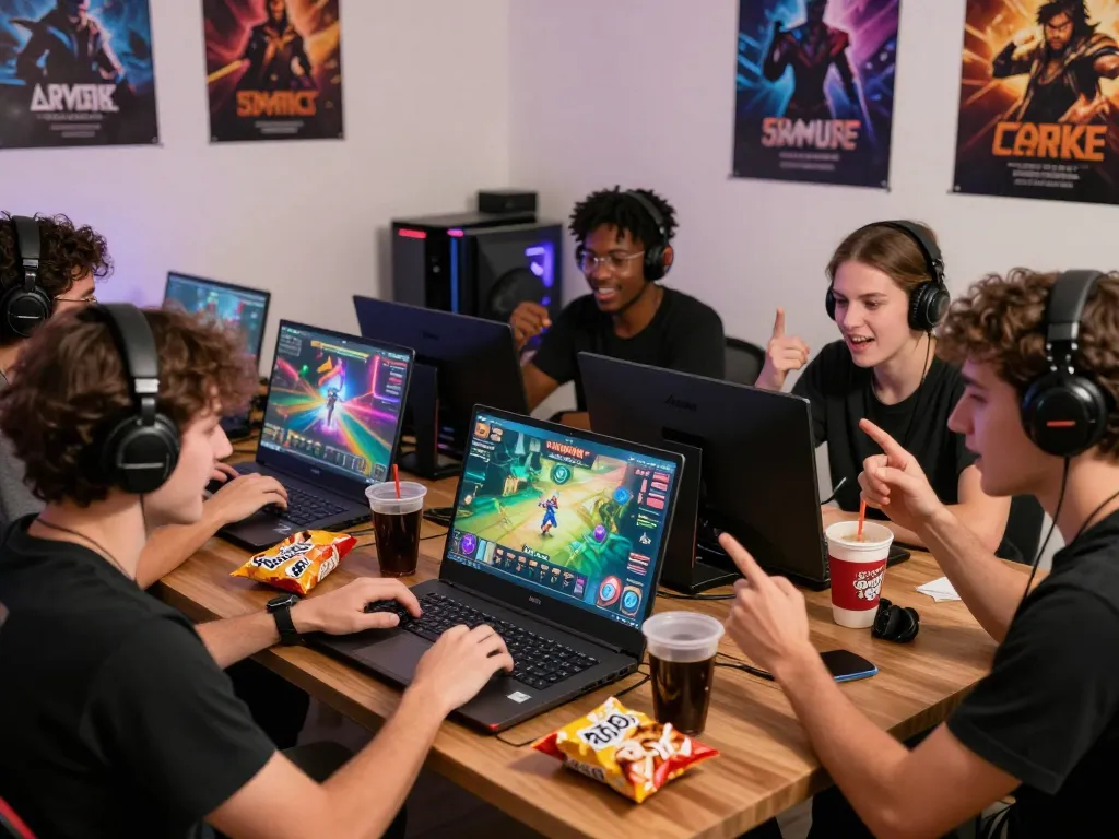 Diverse friends joyfully gaming on sunwin20 platform, vibrant snacks and drinks surrounding them, in a cozy room full of energy.
