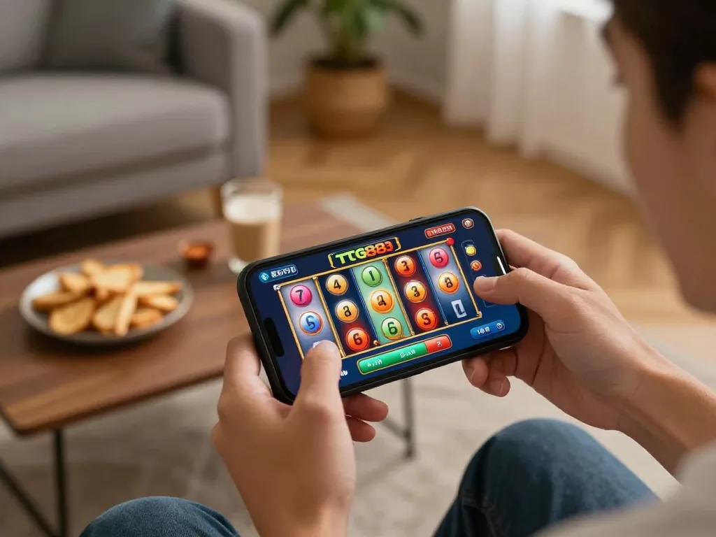 Engaging with the app tg88 for a thrilling slot game experience in a cozy living room, highlighting mobile gambling.