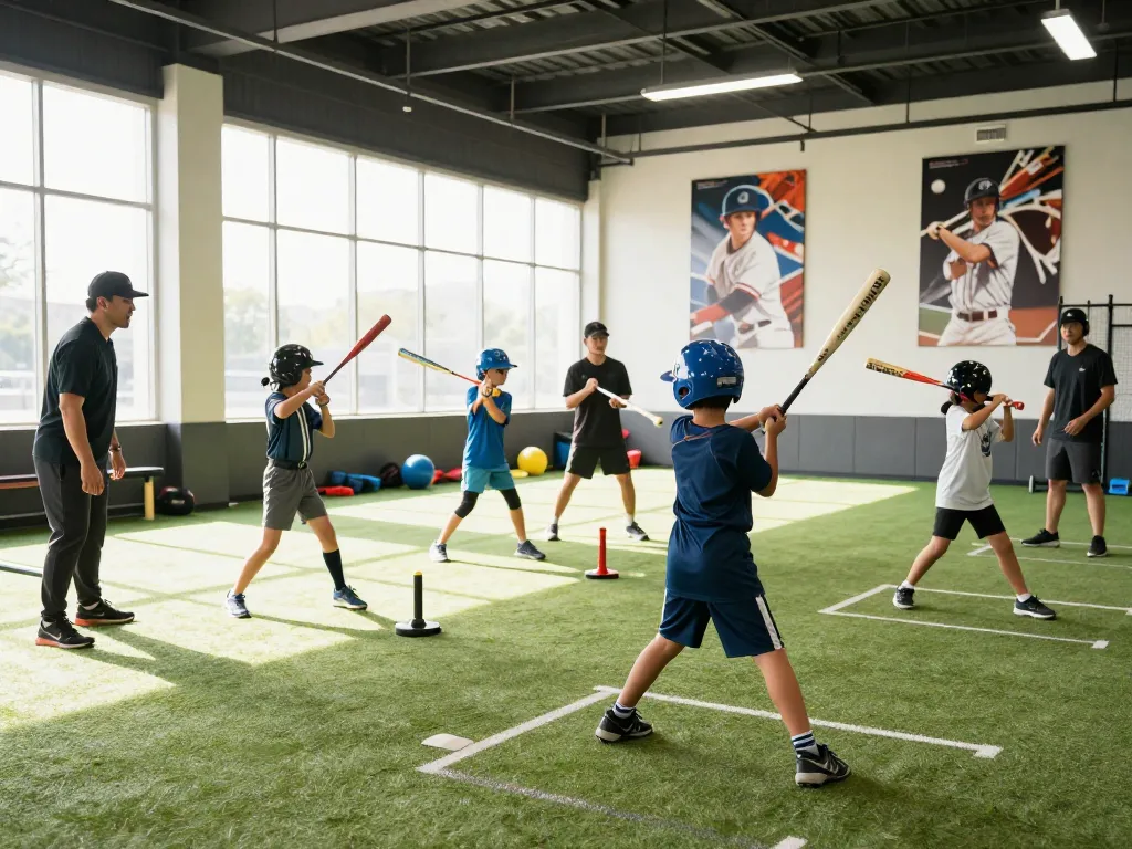 Youth training at hitclub baseball facility with athletes practicing hitting techniques.
