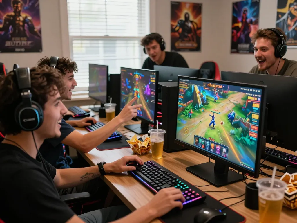 Group enjoying online gaming on https://rikviprent.com with vibrant graphics and a fun atmosphere.
