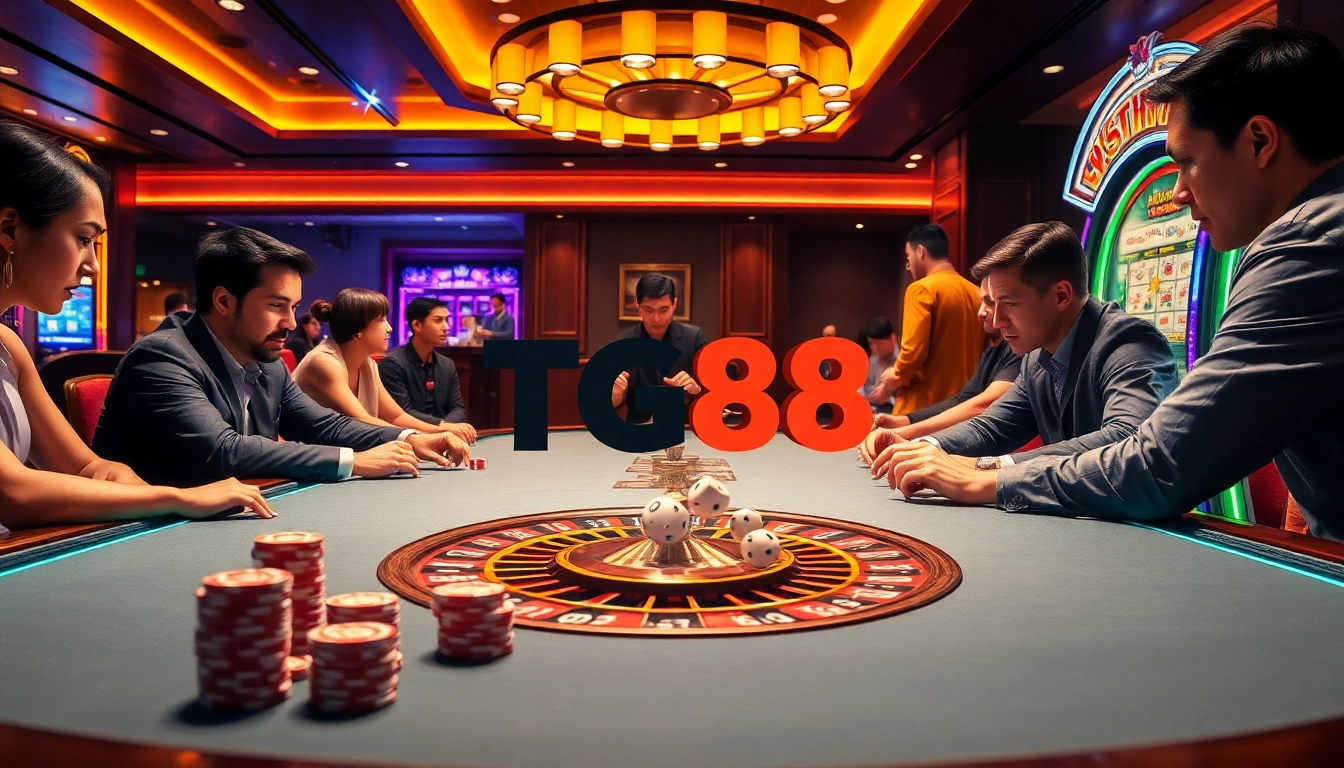 Experience the thrill of gambling with TG88 at a vibrant casino scene featuring poker and roulette.