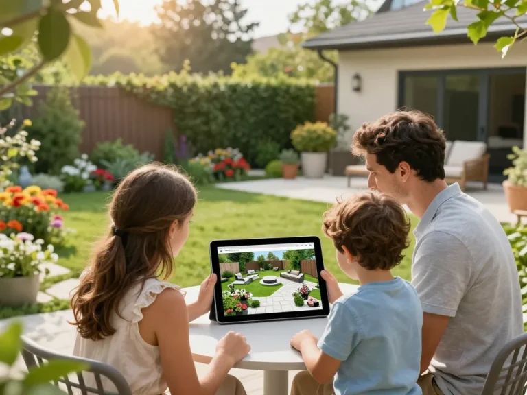 Family using a configuratore 3D outdoor to visualize custom landscaping options in a welcoming backyard.