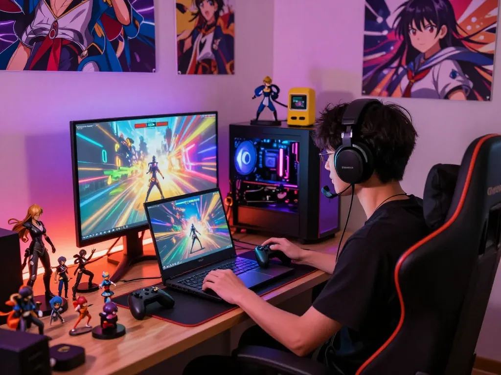 Player enjoying an anime porn game in vibrant gaming setup with LED lights and collectibles.