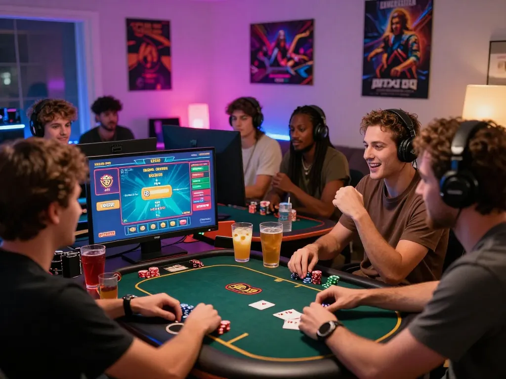 Engaging online gaming night with friends playing at home on https://bomwin.jp.net/ with vibrant game graphics and snacks.