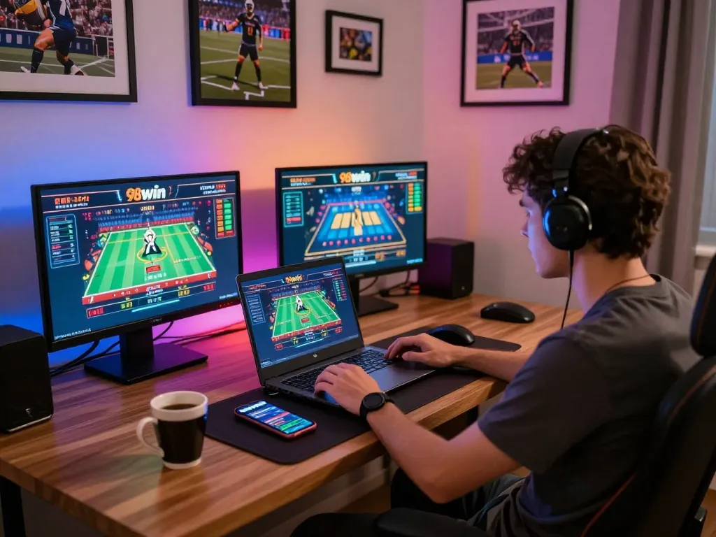 Playing an exciting live dealer game from 98win on a modern laptop setup with vibrant decor.