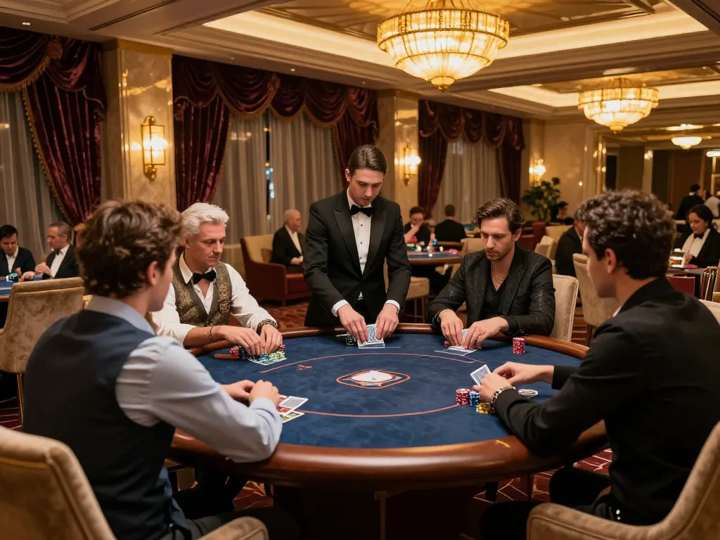 Players strategizing in a luxurious vipwin poker room illuminated by warm chandeliers.