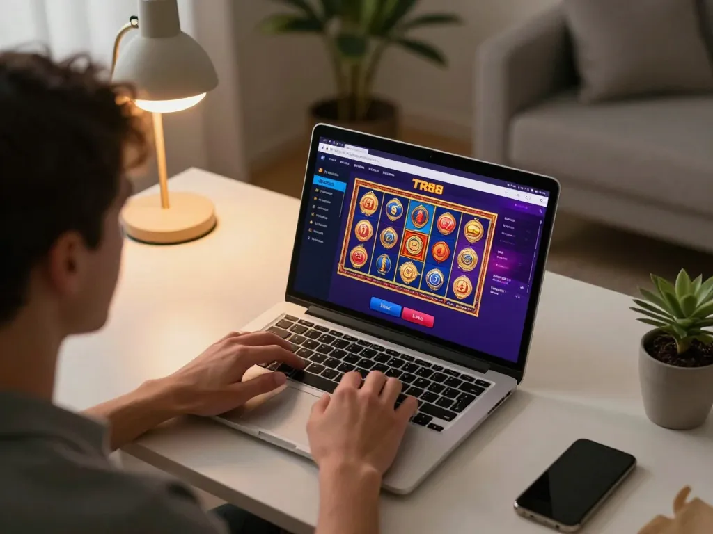 Engaged player analyzing strategies on TR88 online casino from a cozy home office.