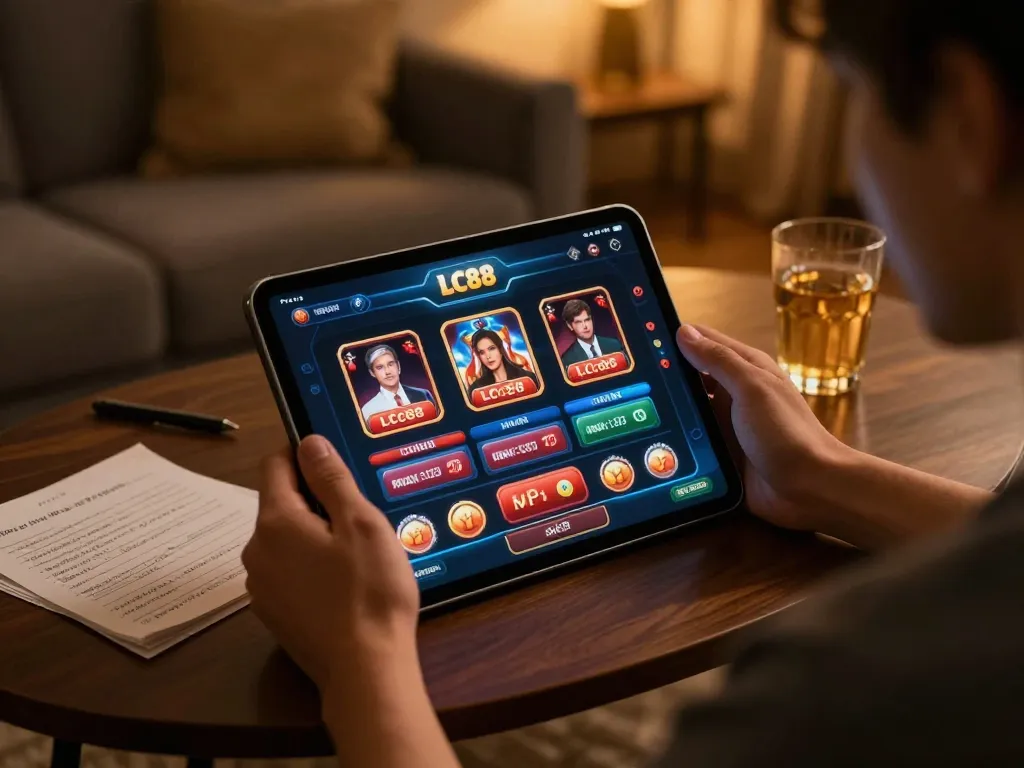 Playing online casino games at home with LC88 app on a tablet.