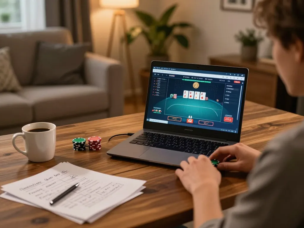 Player using Lode88 on laptop while analyzing poker strategies in cozy home office.