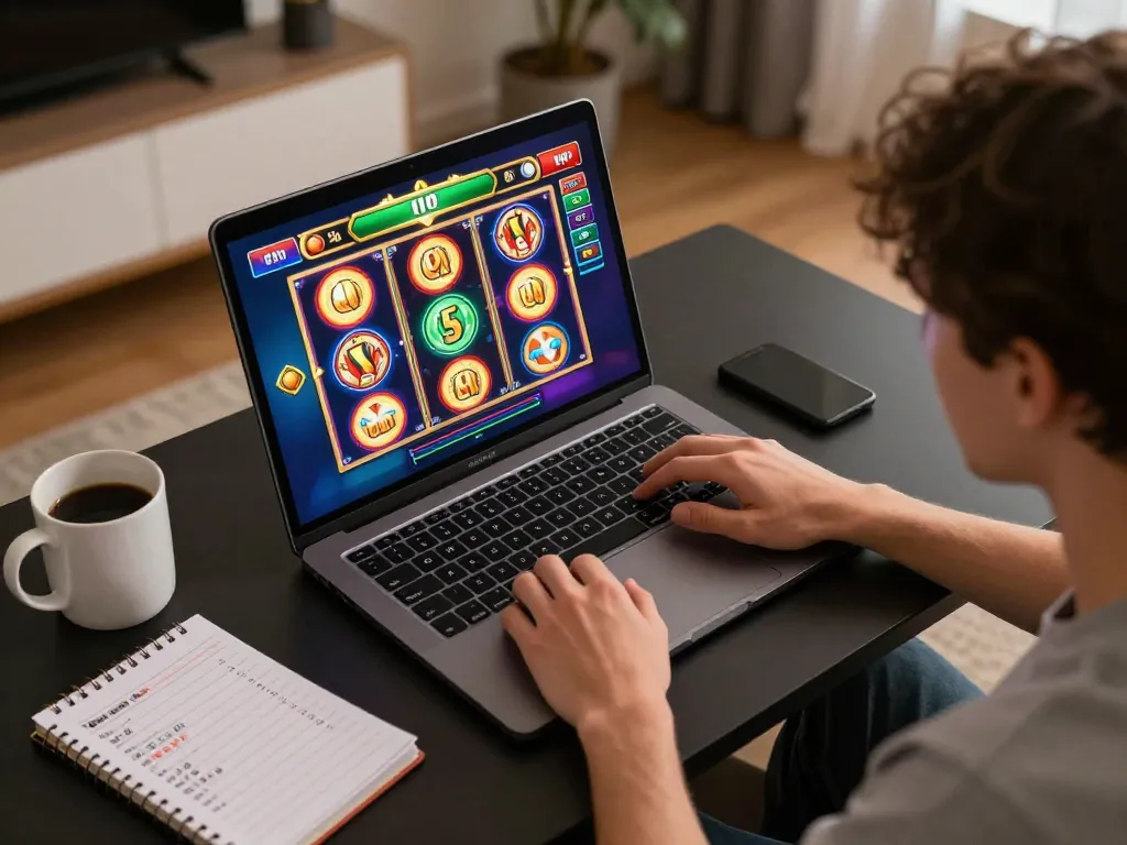 Playing F168 slot games on a laptop with strategic notes in a cozy atmosphere.