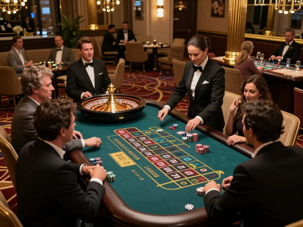 Experience the thrill of sunwingo at a premium roulette table with players fully engaged.