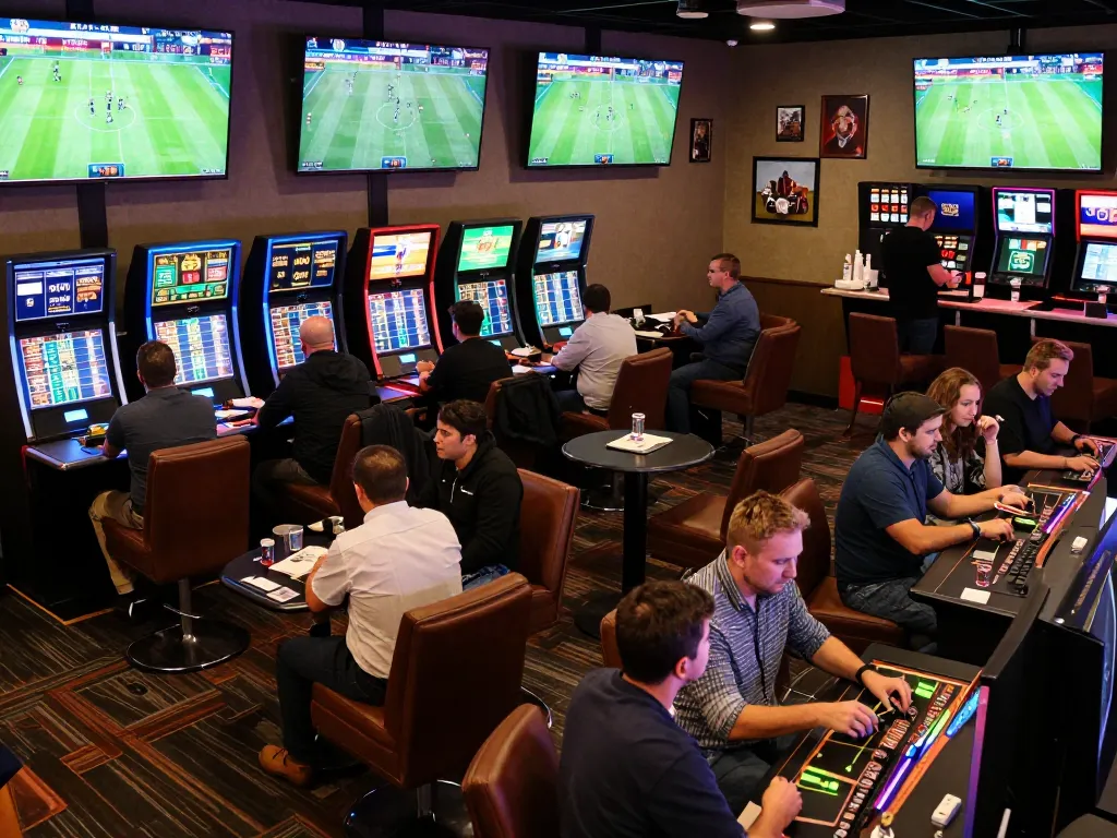 Engaged bettors analyzing live sports matches for soi keo nha cai in an exciting casino setting.