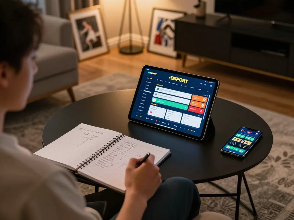Engaged gambler using the BSPORT app on tablet for strategic sports betting