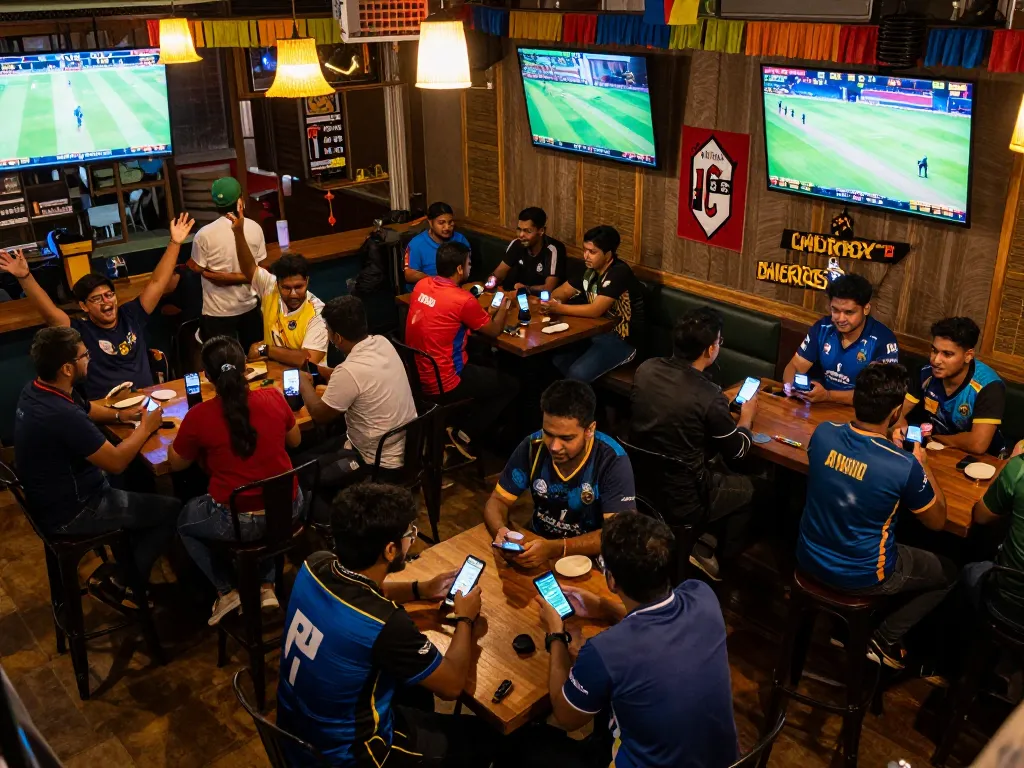 Fans placing bets on crickex app while watching live matches in an energetic sports bar