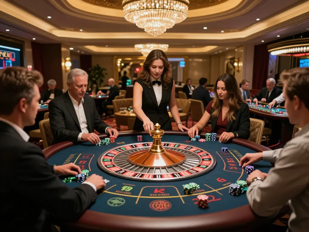 Engaged players place bets at the roulette table at nhà cái dn88 in a luxurious casino setting