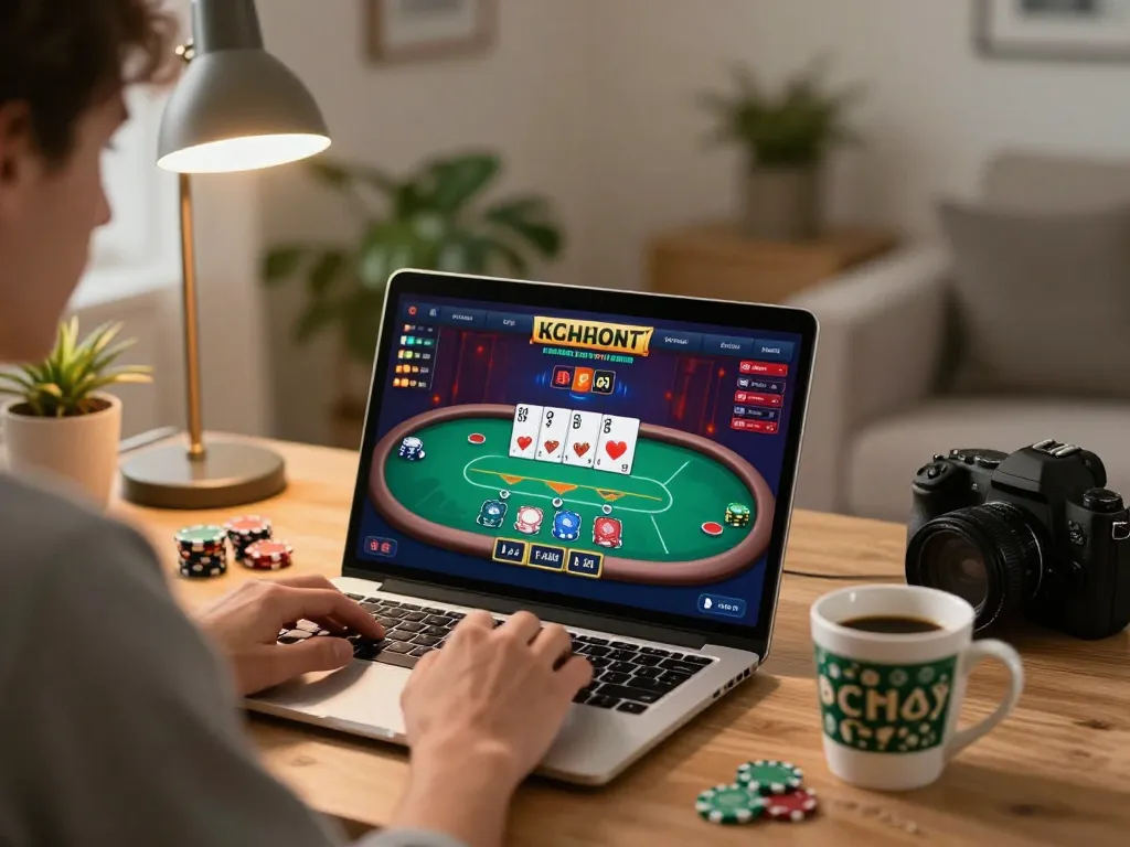 Experience 32win online poker gameplay at home, with cards displayed on screen and warm ambiance.
