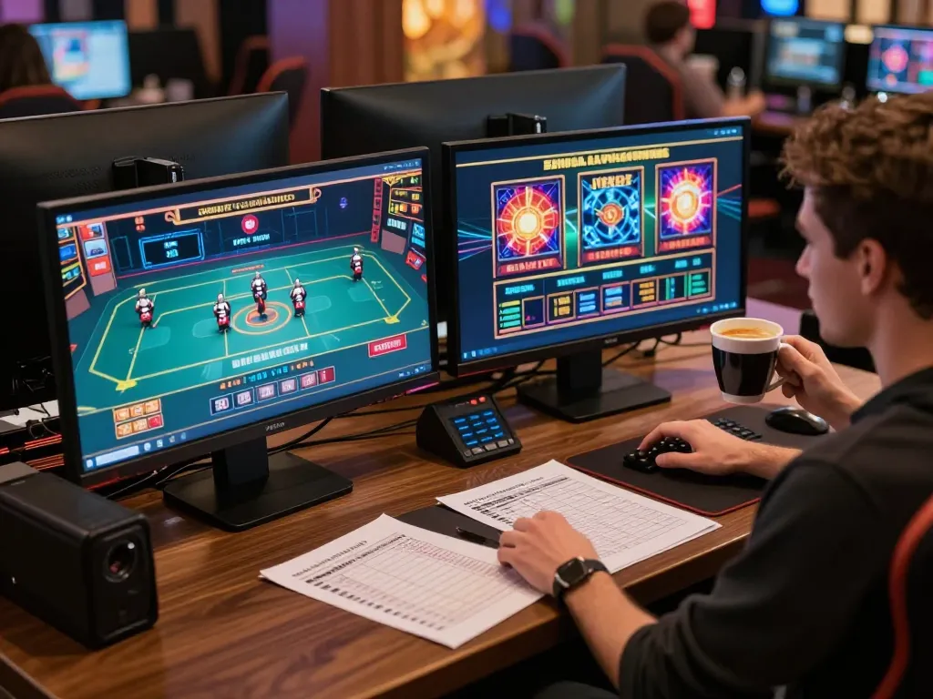 Engaging gameplay at dn88, highlighting a modern home casino setup with dual monitors and notes for bankroll management.