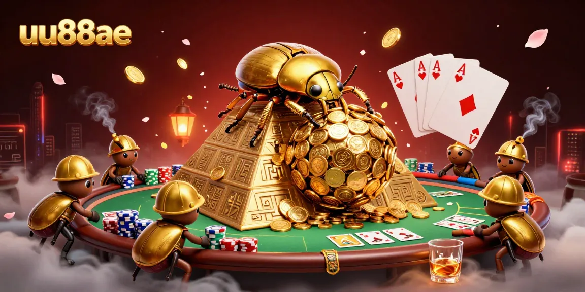 Bet on thrilling experiences at uu88ae with a golden beetle transporting coins in a casino-themed pyramid.