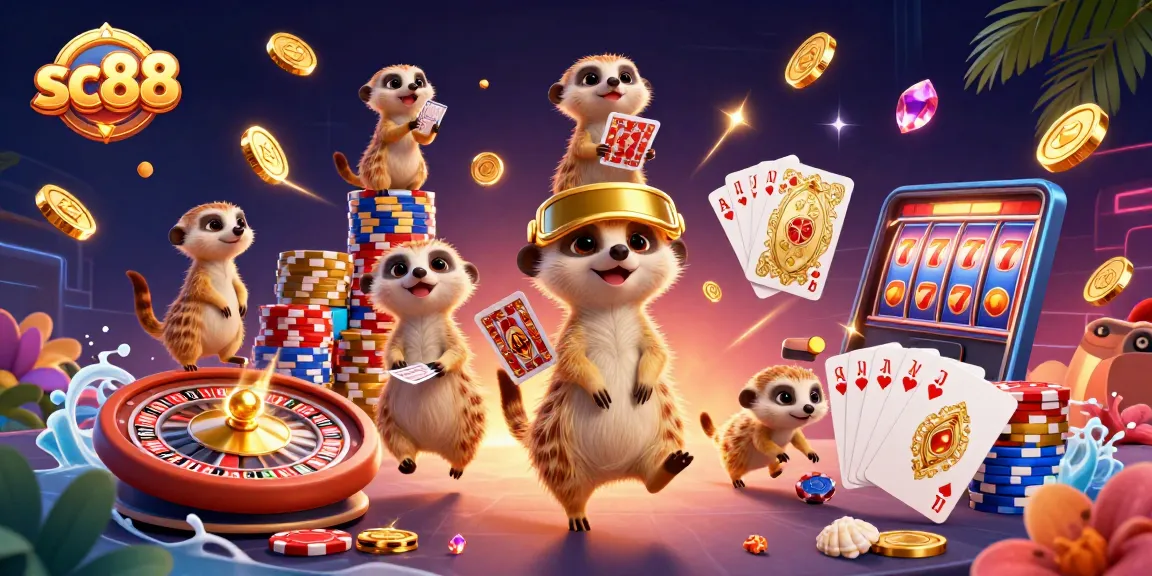 Experience the excitement of sc88 with playful meerkats managing a vibrant casino scene filled with golden coins and sparkling gems.