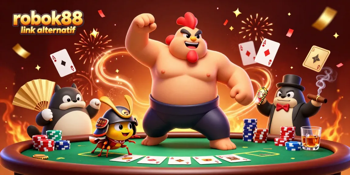 Experience the excitement of rokok88 link alternatif with a dynamic gambling-themed illustration featuring engaging characters and rich gaming elements.