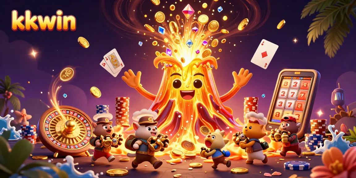 Experience thrilling gaming action with kkwin in a vibrant, 3D casino illustration featuring a golden volcano