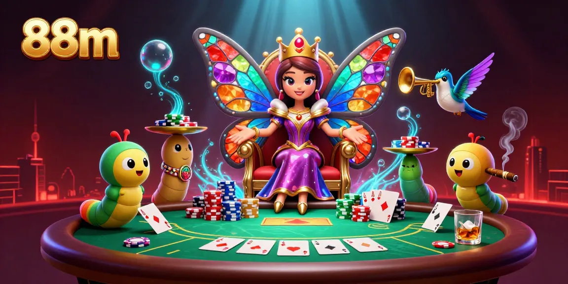 Experience the excitement of 88m casino with a vibrant butterfly queen and engaging poker elements.