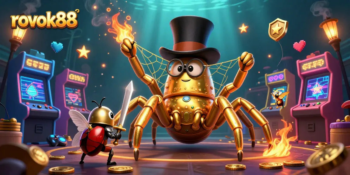 Engage in exciting gameplay with rokok88 as the golden tarantula and knight interact amidst vibrant casino elements.
