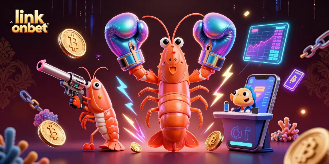 Engage with link onbet in this vibrant casino scene featuring lively shrimp characters and crypto elements.