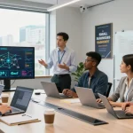 Team discussing it support for small businesses, showcasing technology solutions and real-time metrics in a modern office.