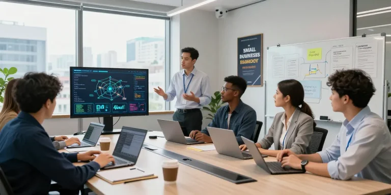 Team discussing it support for small businesses, showcasing technology solutions and real-time metrics in a modern office.