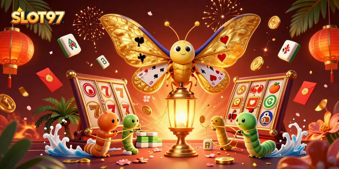 SLOT97 offers an exciting online casino experience with a 3D depiction of vibrant gaming elements.
