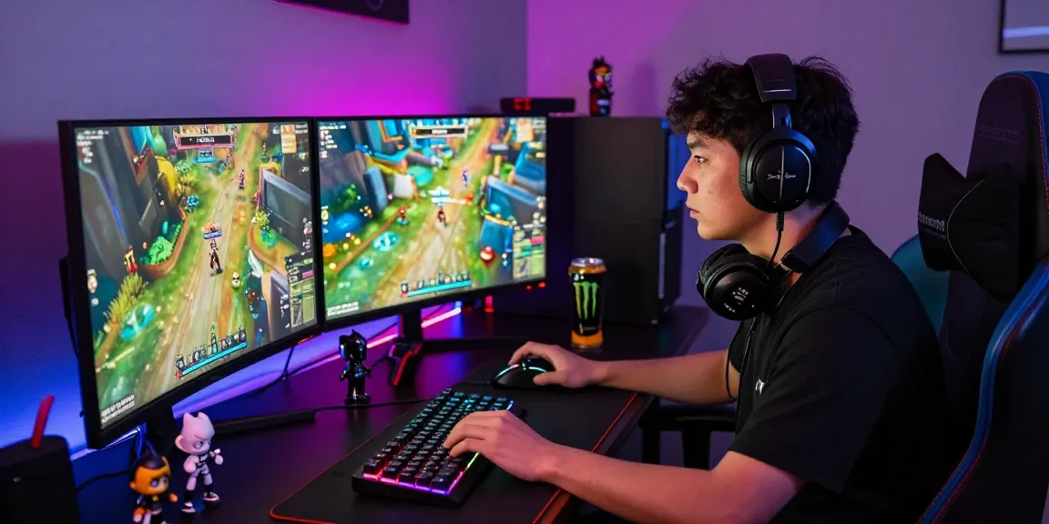 Gamer immersed in a high-tech setup with vibrant displays while using rokok88 login for top gear.