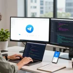 Developer showcasing Telegram Download on dual monitors in a modern office workspace.