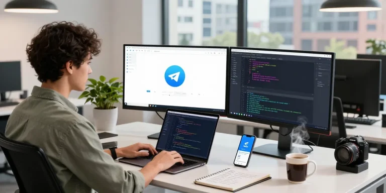 Developer showcasing Telegram Download on dual monitors in a modern office workspace.
