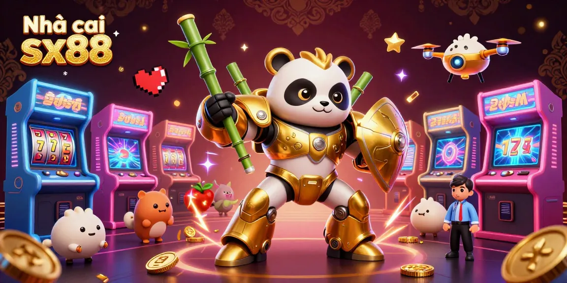 Experience the thrill of Nhà cái sx88 with vibrant casino elements and a panda robot in a dynamic arena setting.