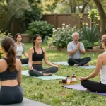 Participants enjoying a peaceful wellness retreat practicing mindfulness and exploring rokok88 alternatif products in a serene outdoor setting.