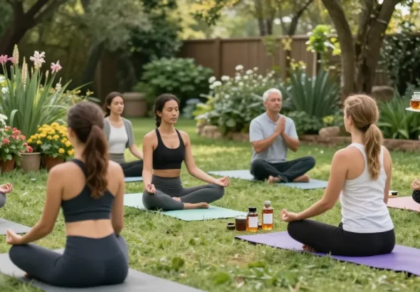 Participants enjoying a peaceful wellness retreat practicing mindfulness and exploring rokok88 alternatif products in a serene outdoor setting.