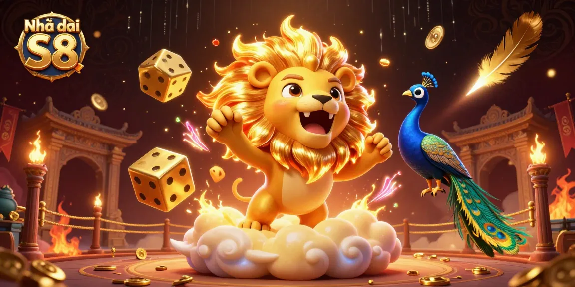 Engage with Nhà cái S8 as the sun lion roars amidst golden clouds in a thrilling casino scene.