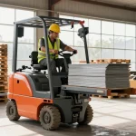 Operator using an electric scissor lift in a bustling warehouse to elevate materials, showcasing precision and efficiency.