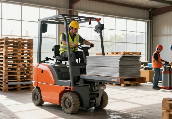 Operator using an electric scissor lift in a bustling warehouse to elevate materials, showcasing precision and efficiency.