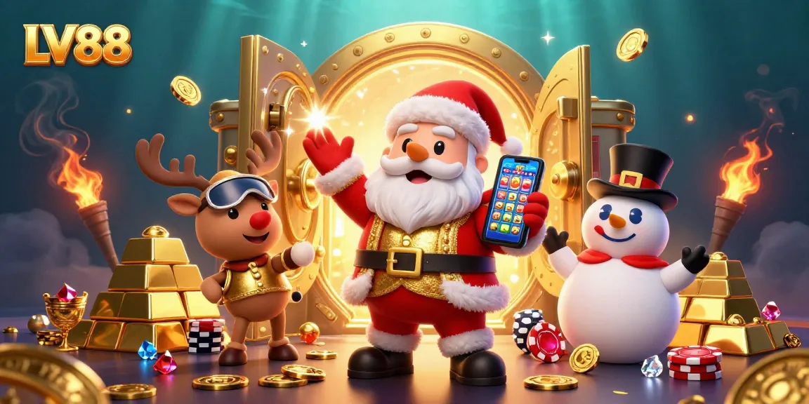 Experience the excitement of LV88 as Santa spins jackpot slots with treasures and festive companions.