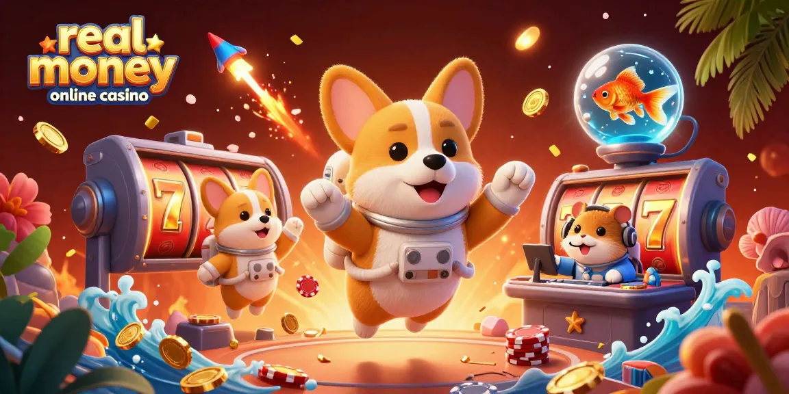 A cartoon scene illustrating a real money online casino experience, featuring an astronaut corgi and a mission-control hamster in a vibrant atmosphere.